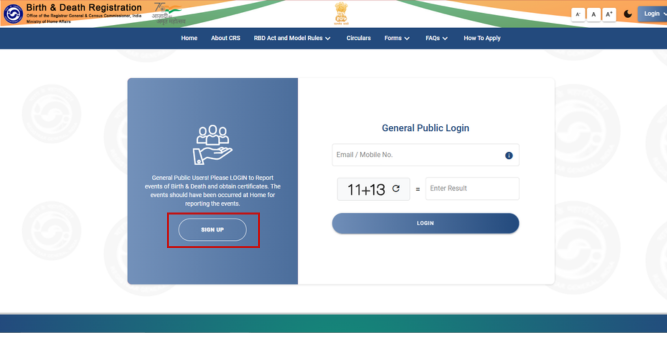 Sign up and login page of CRS Portal