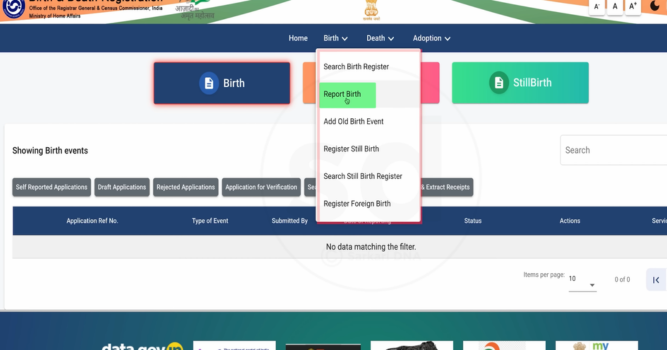 this image showing options for birth certificate at CRS Portal