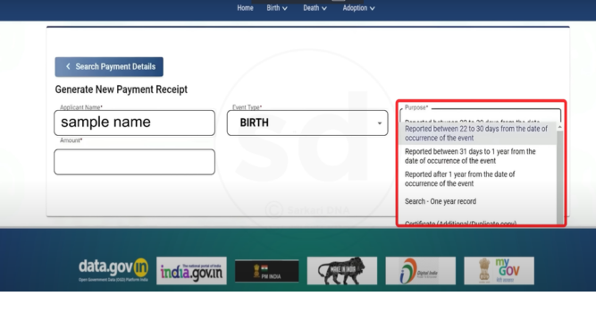 detail form for generating new payment receipt at crs portal