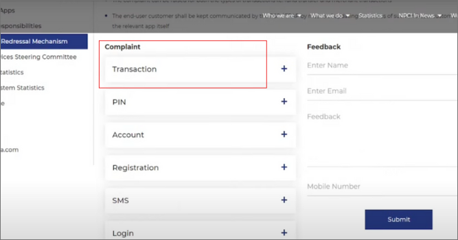 Complaint option on NPCI Portal